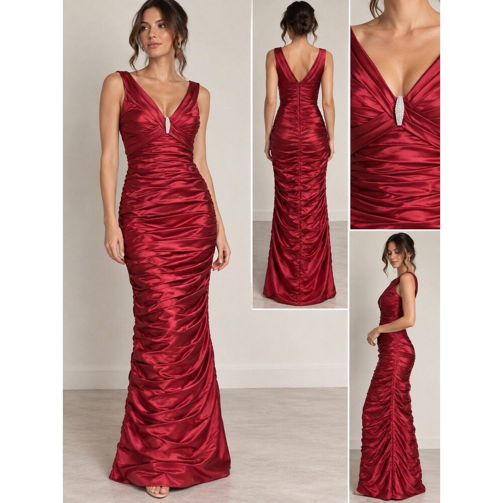 Cachet Red Ruched Satin Maxi Dress Size 6 Rhinestone Y2K Formal Evening Gown